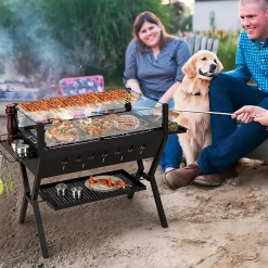 Barbecue Charbon de Bois avec Verre Coupe-vent, 98 x 42 x 68 CM,avec Grill et Supports d'Assaisonnement, 2 Zone BBQ Différent