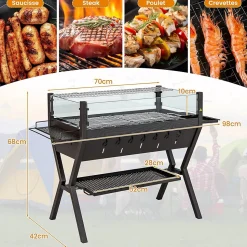 Barbecue Charbon de Bois avec Verre Coupe-vent, 98 x 42 x 68 CM,avec Grill et Supports d'Assaisonnement, 2 Zone BBQ Différent