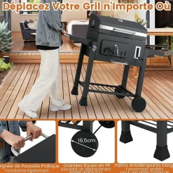 Barbecue Charbon de Bois,avec Grille,Thermomètre,Tablette Latérale Pliable,Plateau à Charbon Réglable à 6 Niveaux,61 x 57 x 106 CM