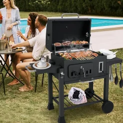 Barbecue Charbon de Bois,avec Grille,Thermomètre,Tablette Latérale Pliable,Plateau à Charbon Réglable à 6 Niveaux,61 x 57 x 106 CM