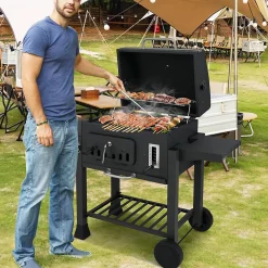 Barbecue Charbon de Bois,avec Grille,Thermomètre,Tablette Latérale Pliable,Plateau à Charbon Réglable à 6 Niveaux,61 x 57 x 106 CM