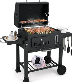 Barbecue Charbon de Bois,avec Grille,Thermomètre,Tablette Latérale Pliable,Plateau à Charbon Réglable à 6 Niveaux,61 x 57 x 106 CM