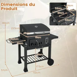 Barbecue Charbon de Bois,avec Grille,Thermomètre,Tablette Latérale Pliable,Plateau à Charbon Réglable à 6 Niveaux,61 x 57 x 106 CM