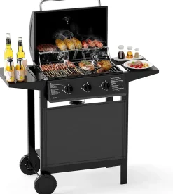 Barbecue Gaz 24000BTU 7,05 KW avec 3 Brûleurs+3 Grilles+2 Tablettes, Barbecue Gril Propane/Butane 47 x 106 x 98 CM