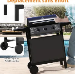 Barbecue Gaz 24000BTU 7,05 KW avec 3 Brûleurs+3 Grilles+2 Tablettes, Barbecue Gril Propane/Butane 47 x 106 x 98 CM