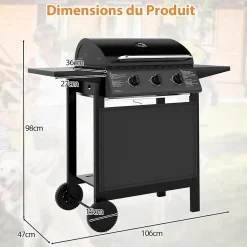 Barbecue Gaz 24000BTU 7,05 KW avec 3 Brûleurs+3 Grilles+2 Tablettes, Barbecue Gril Propane/Butane 47 x 106 x 98 CM