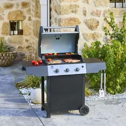 Barbecue gaz ROSTER 3 brûleurs avec plancha et grille de cuisson combinées