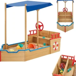 Bateau Pirate en Bois Grand Bac à Sable Extérieur pour Enfants avec Bâche de Fond et Banc Intégré