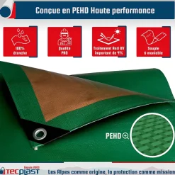 Bâche de Chantier 3x5 m - TECPLAST - HQ250CH - Verte et Marron - Haute Performance - Bâche de protection étanche pour Travaux