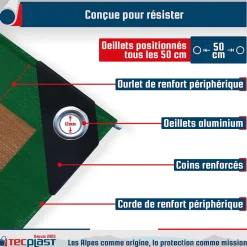 Bâche de Chantier 3x5 m - TECPLAST - HQ250CH - Verte et Marron - Haute Performance - Bâche de protection étanche pour Travaux