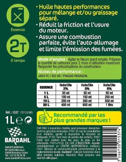 Bidon huile 2 temps Bardahl 1L spéciale motoculture