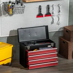 Boite à outils métallique coffret à outils caisse à outils 4 tiroirs + plateau tôle acier rouge noir