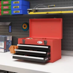 Boite à outils métallique caisse à outils 3 tiroirs + plateau tapis EVA poignée tôle acier rouge noir