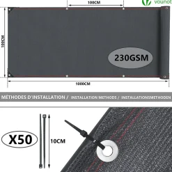 Brise vue occultant en HDPE 230g/m² 1.5x10m avec attaches de fixation anthracite VOUNOT
