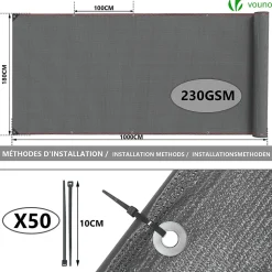 Brise vue occultant en HDPE 230g/m² 1.8x10m avec attaches de fixation gris VOUNOT