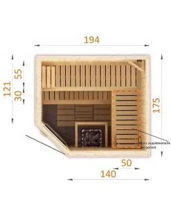 Cabine de sauna d'angle finlandais PERHE 4 places 194x175 x H.199 cm