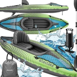 Canoë Kayak Gonflable 1 Places en PVC Robuste avec Pagaie Double Solide, Filets de Transport & Sac de Transport