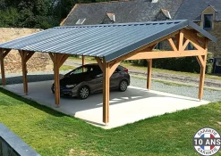 Carport 2 pentes faitage décalé, 500cmx800cm, bois DOUGLAS Français (Charpente en bois-auvent-abri voiture) 40 m².Garantie 10 ans