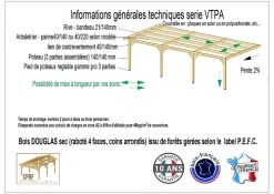 Carport adossé toit plat 300cmx450cm, bois DOUGLAS Français (Charpente en bois-auvent-abri voiture) 14 m². Garantie 10 ans