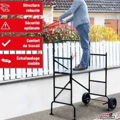 Échafaudage roulant acier 136 x 140 cm garde-corps pliable 3 hauteurs, stable et sécurisé