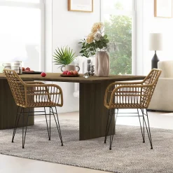 Chaise 56x60x79 cm hauteur d'assise 45 cm, assise polyrattan et pieds métal, style bohème brun