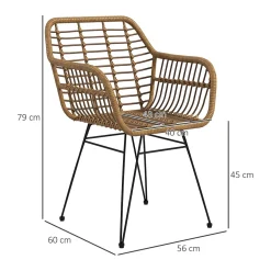 Chaise 56x60x79 cm hauteur d'assise 45 cm, assise polyrattan et pieds métal, style bohème brun