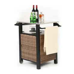 Chariot Bar Extérieur 1 Porte Osier Acier Inox Plateau Marron Blackcolors