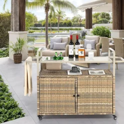 Chariot Bar Extérieur Osier Acier Seau Glace Roues Verrou Beige Blackcolors