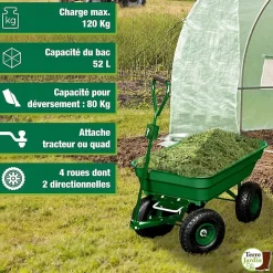 Chariot de Jardin 4 Roues Fonction Brouette Jardin - Chariot Remorque avec Attelage Tracteur Tondeuse