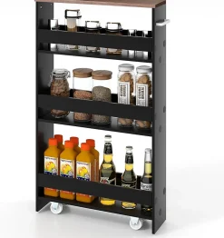 Chariot de Rangement de Cuisine à 4 Niveaux avec 4 roulettes Étagère de Cuisine avec Poignée Latérale Noir Brun