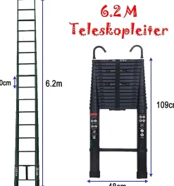 Échelle télescopique de 6,2 m, en aluminium, avec 2 crochets, extensible, polyvalente, facile à utiliser argenté