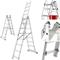 Échelle Transformable de 3 Plans, Échelle Coulissante en Aluminium, Échelle Double (7 Marches)