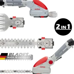 Cisaille à gazon et Taille buisson Télescopique sans fil à batterie 12V Inclus 2 lames 10cm et 20cm Chargeur 12V IKRA