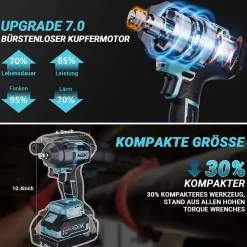 Clé à chocs sans fil Brushless, 1600Nm Boulonneuse a Choc avec 2x2.1Ah Batterie, 6 vitessse, avec 13pcs Accessoires