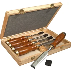 Coffret de 5 Ciseaux à Bois - Manche en bois Vernis - Lame en Acier Chromé - STANLEY, 2-16-217