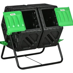 Composteur de jardin - bac à compost pour déchets - rotatif 360 degrés - double chambre 130 L - acier PP vert noir