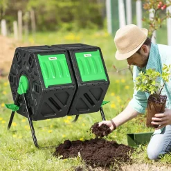 Composteur de jardin - bac à compost pour déchets - rotatif 360 degrés - double chambre 130 L - acier PP vert noir