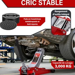 Cric hydraulique 3 tonnes, Hauteur de levage 75-500 mm, Base double piston 2 patins caoutchouc, Roues pivotantes 360 degres
