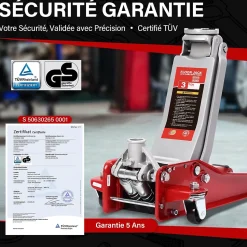 Cric hydraulique 3 tonnes, Hauteur de levage 75-500 mm, Base double piston 2 patins caoutchouc, Roues pivotantes 360 degres
