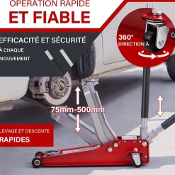 Cric hydraulique 3 tonnes, Hauteur de levage 75-500 mm, Base double piston 2 patins caoutchouc, Roues pivotantes 360 degres