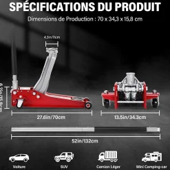 Cric hydraulique 3 tonnes, Hauteur de levage 75-500 mm, Base double piston 2 patins caoutchouc, Roues pivotantes 360 degres