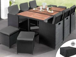 Cuba - Salon de jardin encastrable 10 places - tressée - Noir avec coussins gris + housse de protection - Best Mobilier