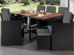 Cuba - Salon de jardin encastrable 10 places - tressée - Noir avec coussins gris + housse de protection - Best Mobilier