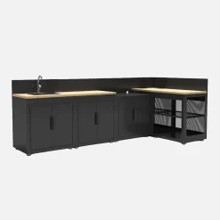 Cuisine d'extérieur 5 modules acier et décor bois noir - Milos
