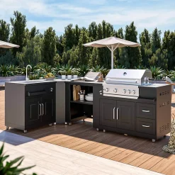 Cuisine d'extérieur angle 4 éléments avec évier et barbecue Oviala