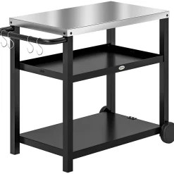 Desserte jardin - chariot pour plancha barbecue - 2 étagères, 4 + 1 crochets - métal gris plateau acier inox