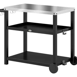 Desserte jardin - chariot pour plancha barbecue - 2 étagères, 4 + 1 crochets - métal gris plateau acier inox