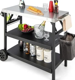 Desserte Jardin Chariot de Barbecue Mobile a 3 Niveaux Etagere reglable Support Porte epices Porte Serviettes Crochets