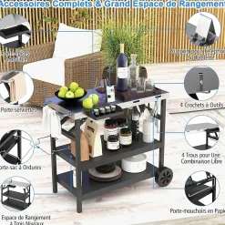 Desserte Jardin Chariot de Barbecue Mobile a 3 Niveaux Etagere reglable Support Porte epices Porte Serviettes Crochets