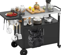 Desserte Jardin pour Plancha Barbecue 3 Niveaux,Plan de Travail Pliant,Porte-Serviettes, 6 Crochets,Charge 100KG,127x50x84CM